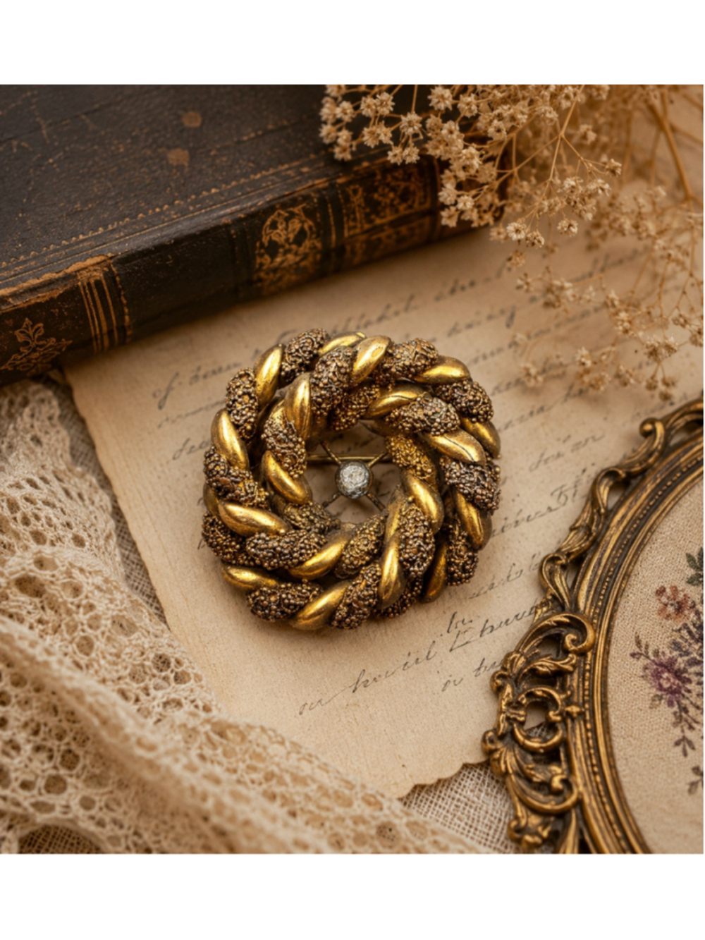 Vintage Gold Tone Braided Wreath Brooch | Textured Victorian Revival Statement